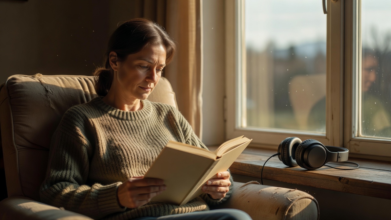 An adult reading beside a window with headphones resting nearby